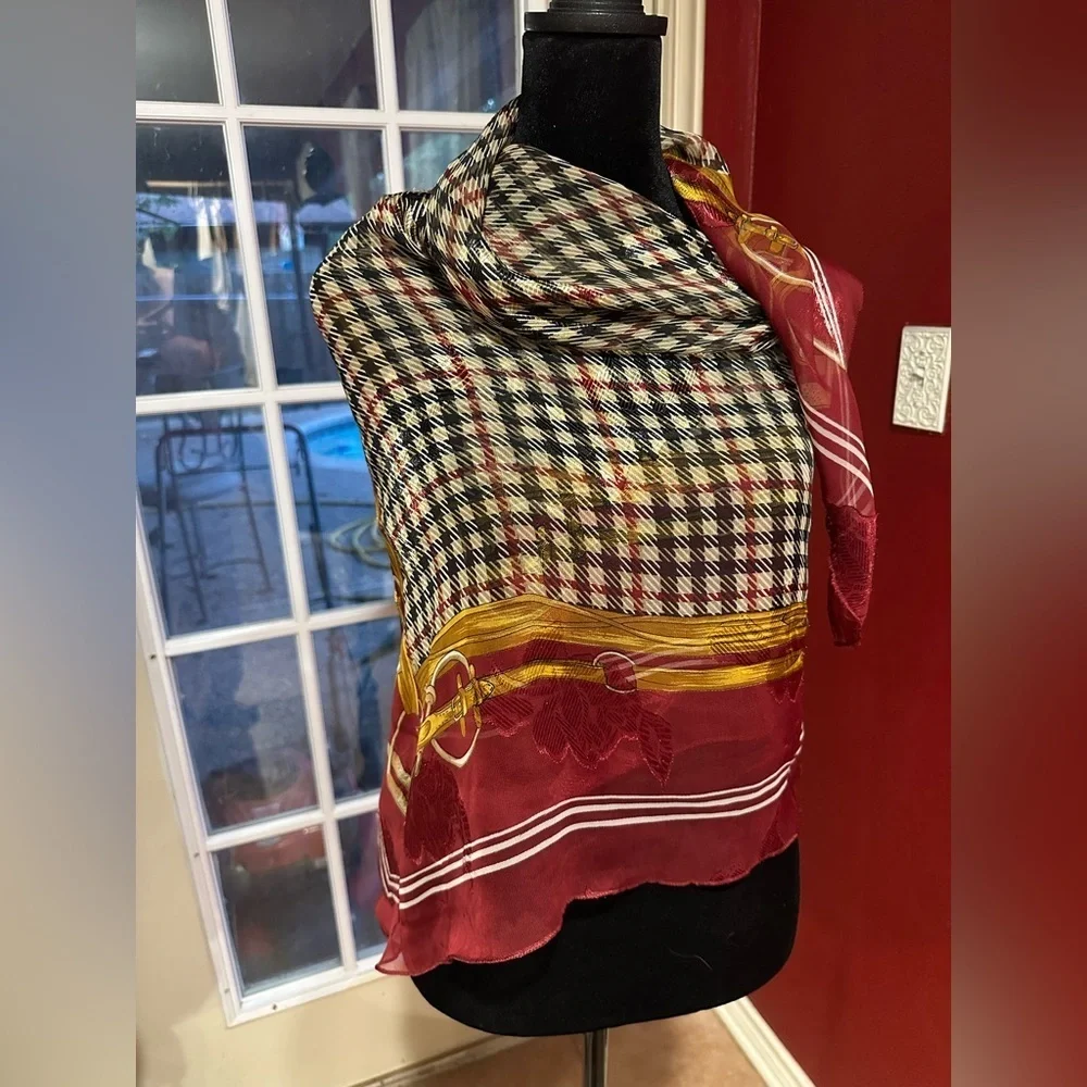 Vintage Burgundy Plaid Equestrian Print Scarf 39” Square Polyester Shawl Wrap